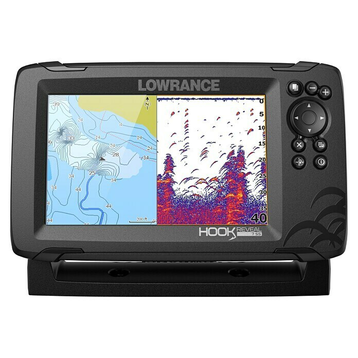 Lowrance Fishfinder Hook Reveal 7 SplitshotGeber: Reveal 83/200 HDI-Geber, Bildschirmtyp: 7″/178 mm Solar Max Display Front View