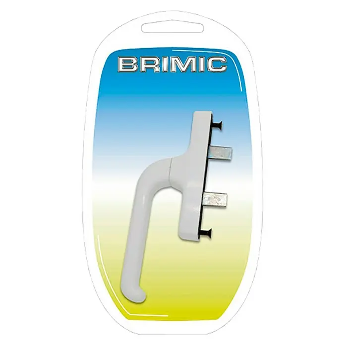 Micel Brimic Manilla para ventana 6816 - Largo: 175 mm, Negro, Aluminio - Primer plano de una manilla de ventana Brimic, embalada en un paquete de plástico transparente con fondo azul y amarillo.