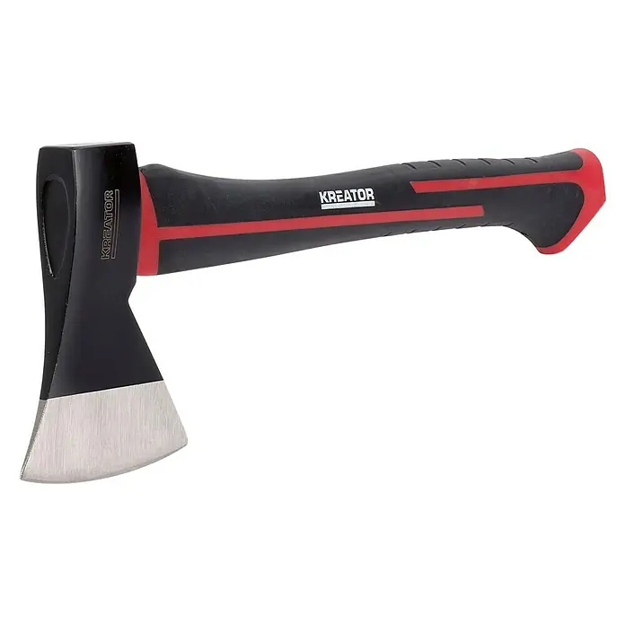 Kreator Hacha universal KRTGR8001 - Peso cabezal: 600 g - Primer plano de un hacha Kreator con cabeza negra y mango rojo y negro.