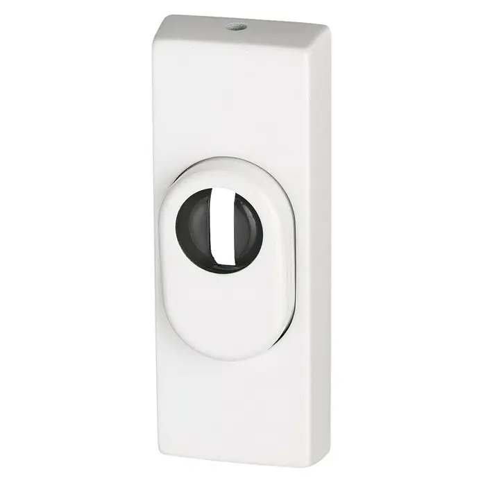 Abus Sicherheitsrosette RSZS 316 - Metalltür, Weiß, Stärke Schild/ Rosette: 16 mm - Nahaufnahme eines weißen Fenstergriffs mit einer ovalen Form und einem runden Loch, das ein graues Inneres enthüllt.