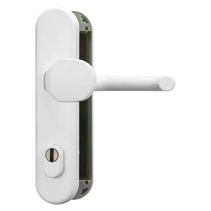 Abus Schutzbeschlag HLZS814 - Hauseingangstür, Weiß, Knopf außen, Drücker innen, Form Schild: Abgerundet, Stärke Tür: 52 mm - 72 mm - Weißer Türgriff mit Schloss und elegantem Design. Der Griff ist aus hochwertigen Materialien gefertigt und bietet eine lange Lebensdauer.