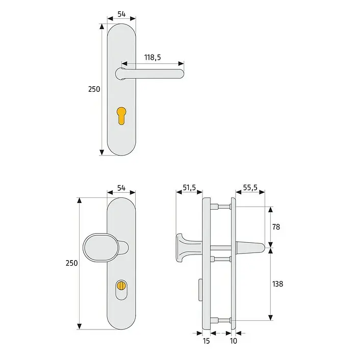 Abus Schutzbeschlag HLZS814 - Hauseingangstür, Weiß, Knopf außen, Drücker innen, Form Schild: Abgerundet, Stärke Tür: 52 mm - 72 mm - Technische Zeichnung eines Türdrückers mit Langschild und Maßen für Montage und Design.