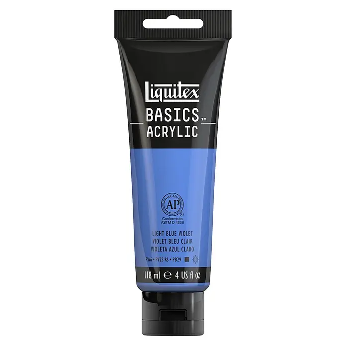 Liquitex Basics Acrylfarbe - Blauviolett hell, 118 ml - Eine Tube Liquitex Basics Acrylfarbe in Hellblau-Violett, ideal für Kunstprojekte und kreative Anwendungen, mit 118 ml Inhalt.