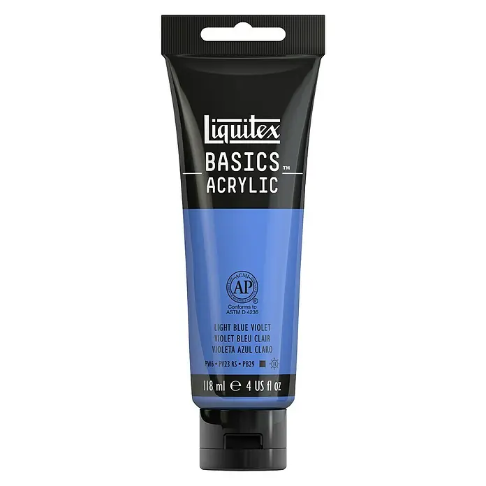 Liquitex Basics AcrylfarbeBlauviolett hell, 118 ml - Eine Tube Liquitex Basics Acrylfarbe in Hellblau-Violett, ideal für Kunstprojekte und kreative Anwendungen, mit 118 ml Inhalt.