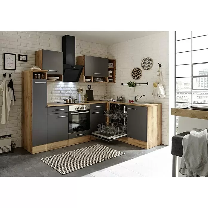 Respekta Cocina esquinera Hilde - Ancho: 250 cm, Gris, Mate, Efecto madera, Con electrodomésticos - Cocina moderna en L con puertas gris oscuro y detalles de madera clara, con placa, horno, fregadero y lavavajillas abierto.