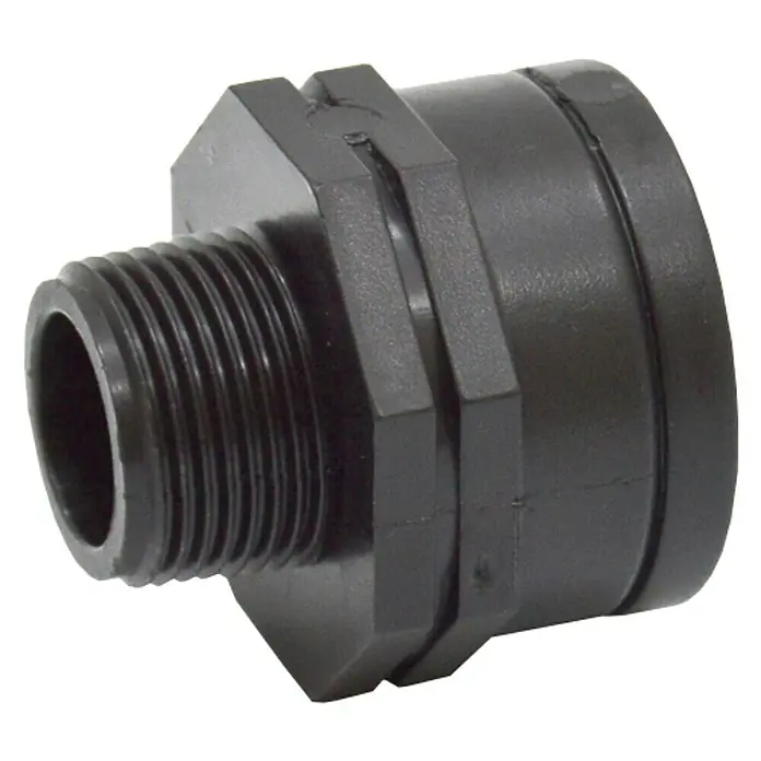 Manguito reductor H-M - Rosca exterior: ½″, Rosca interior: 1″ - Conexión de tanque negra de PVC con roscas para conexiones seguras. Conector de tanque duradero.