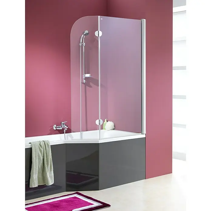 Ottofond Raumsparbadewanne Flint A - 150 x 75 cm, Sanitäracryl, Weiß, Rechts - Elegante Badewanne mit Duschabtrennung aus Glas und grauer Verkleidung, kombiniert Funktionalität mit modernem Design für jedes Badezimmer.