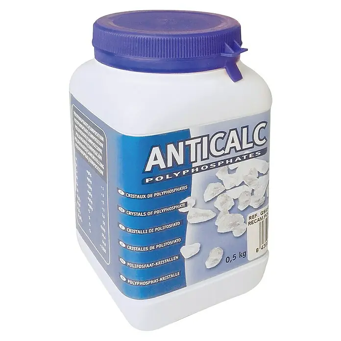 Bb agua Recambio de filtro lavadora y filtro calentador - 500 ml - Un envase de Anticalc Polifosfatos, un producto para ablandar el agua, con detalles azules y etiquetado claro.