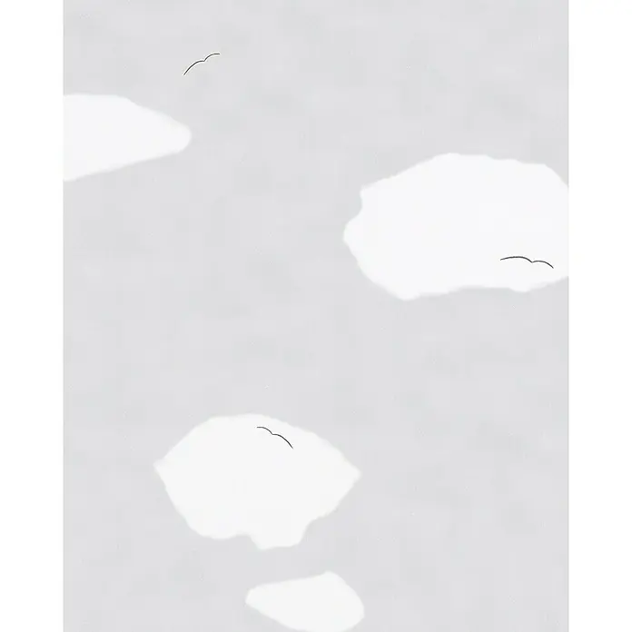 Marburg Jonas Kötz Vliestapete Illustration Wolke - Grau, Grafisch, 10,05 x 0,53 m - Minimalistische Illustration eines bewölkten Himmels mit fliegenden Vögeln, die eine ruhige und friedliche Atmosphäre schafft.