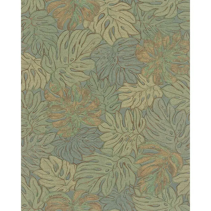 Marburg Casual Vliestapete Philodendron - Grün/Gold, Floral, 10,05 x 0,53 m - Elegantes Wandbild mit üppigen Monstera-Blättern in gedämpften Grün- und Brauntönen, ideal für eine natürliche und stilvolle Raumgestaltung.