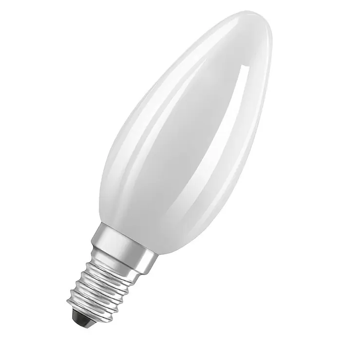 Osram Superstar LED-Leuchtmittel - E14, 2,8 W, 250 lm - Nahaufnahme einer klaren, kerzenförmigen Glühbirne mit einem Metallsockel auf einem strahlend weißen Hintergrund.