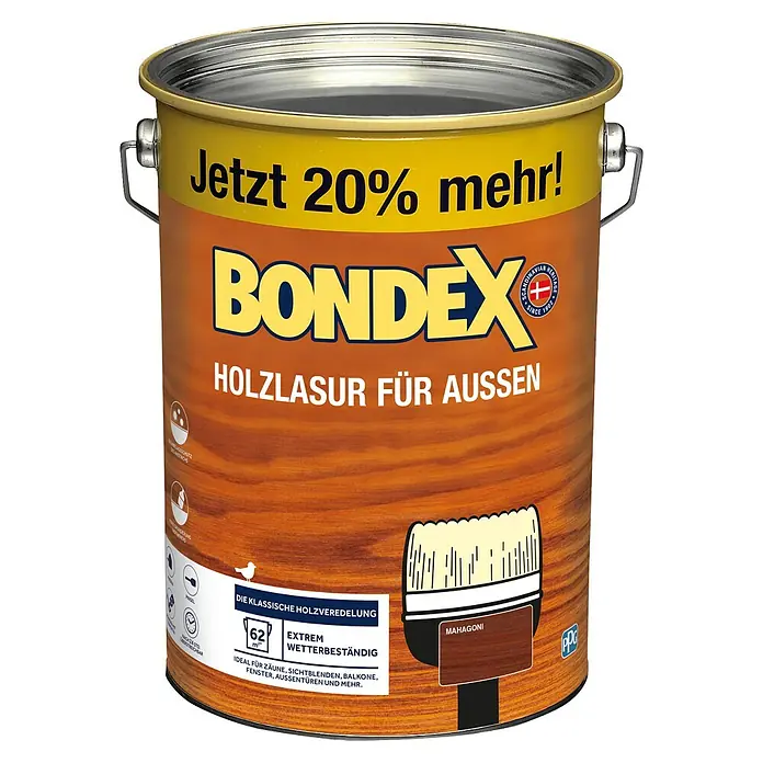 Bondex Holzlasur für Außen - Mahagoni, 4,8 l, Seidenmatt - Dose Bondex Holzlasur für Außen Mahagoni mit dem Hinweis "Jetzt 20% mehr!".