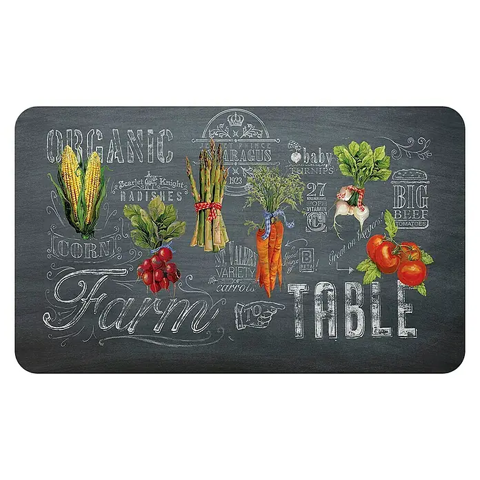 Alfombra corredera de cocina Farm table - Multicolor, 75 x 45 cm - Alfombra de cocina con diseño de pizarra e ilustraciones de verduras como maíz, zanahorias y tomates.