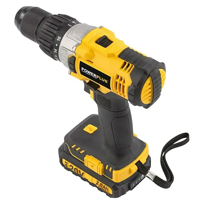 PowerPlus Taladro atornillador percutor de batería - 20 V, 1 batería, 2 Ah, 60 Nm - Taladro inalámbrico Powerplus, con un diseño amarillo y negro, equipado con una batería de 2.0Ah y un cabezal ajustable para trabajos precisos.