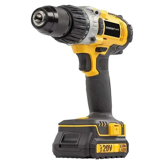 PowerPlus Taladro atornillador percutor de batería - 20 V, 1 batería, 2 Ah, 60 Nm - Un taladro inalámbrico Powerplus, una herramienta con un diseño amarillo y negro, utilizado para tareas de atornillado y perforación.