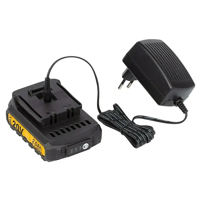 PowerPlus Taladro atornillador percutor de batería - 20 V, 1 batería, 2 Ah, 60 Nm - Primer plano de una batería de 20V con cargador, que muestra la carga de la batería de la herramienta eléctrica, perfecto para proyectos de bricolaje.