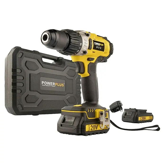 PowerPlus Taladro atornillador percutor de batería - 20 V, 1 batería, 2 Ah, 60 Nm - Imagen de un taladro inalámbrico Powerplus con accesorios, que incluye estuche, batería y cargador, sobre un fondo negro.