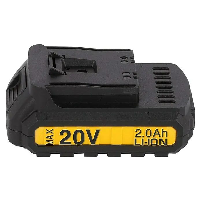 PowerPlus Taladro atornillador percutor de batería - 20 V, 1 batería, 2 Ah, 60 Nm - Ilustración de una batería para herramientas eléctricas, 20V MAX, 2.0Ah Li-Ion, diseñada para el funcionamiento inalámbrico en diversas aplicaciones.