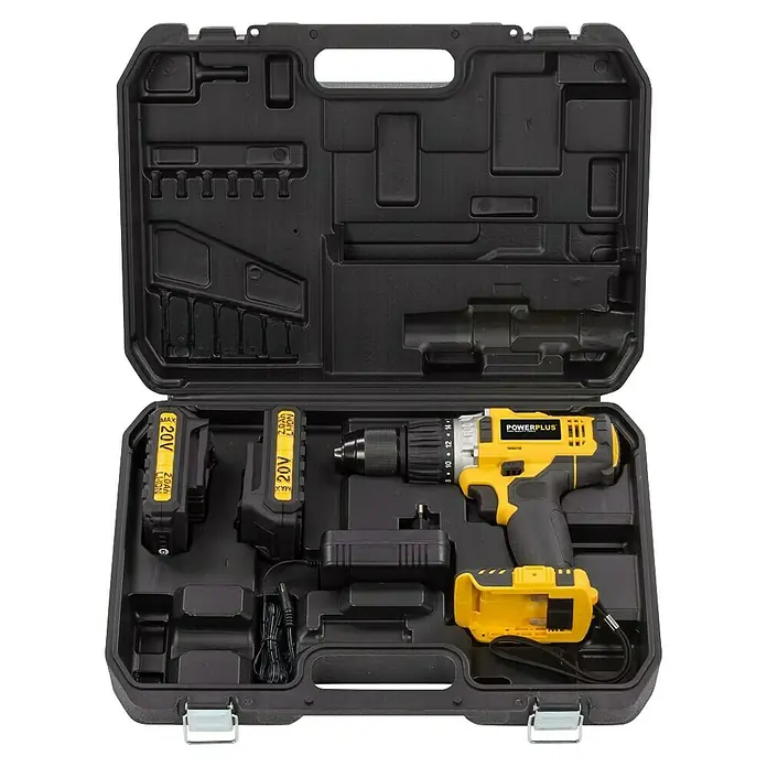 PowerPlus Taladro atornillador percutor de batería - 20 V, 1 batería, 2 Ah, 60 Nm - Imagen de una caja de herramientas negra con un taladro inalámbrico amarillo Powerplus, baterías y cargador.