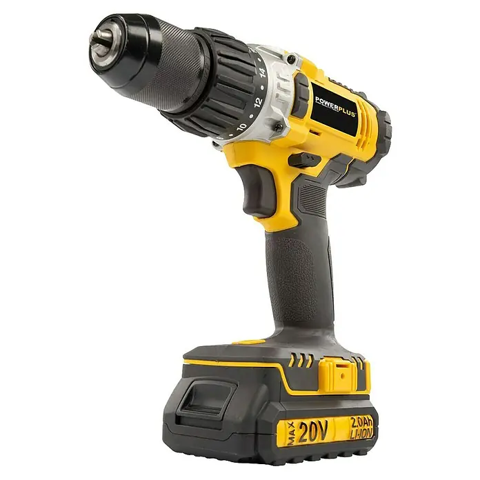 PowerPlus Taladro atornillador percutor de batería - 20 V, 1 batería, 2 Ah, 60 Nm - Taladro inalámbrico Powerplus con cuerpo amarillo y negro y diseño robusto, ideal para uso profesional y bricolaje.