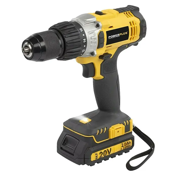 PowerPlus Taladro atornillador percutor de batería - 20 V, 1 batería, 2 Ah, 60 Nm - Taladro inalámbrico POWERPLUS con cuerpo amarillo y mango negro, ideal para proyectos de bricolaje y reparaciones.