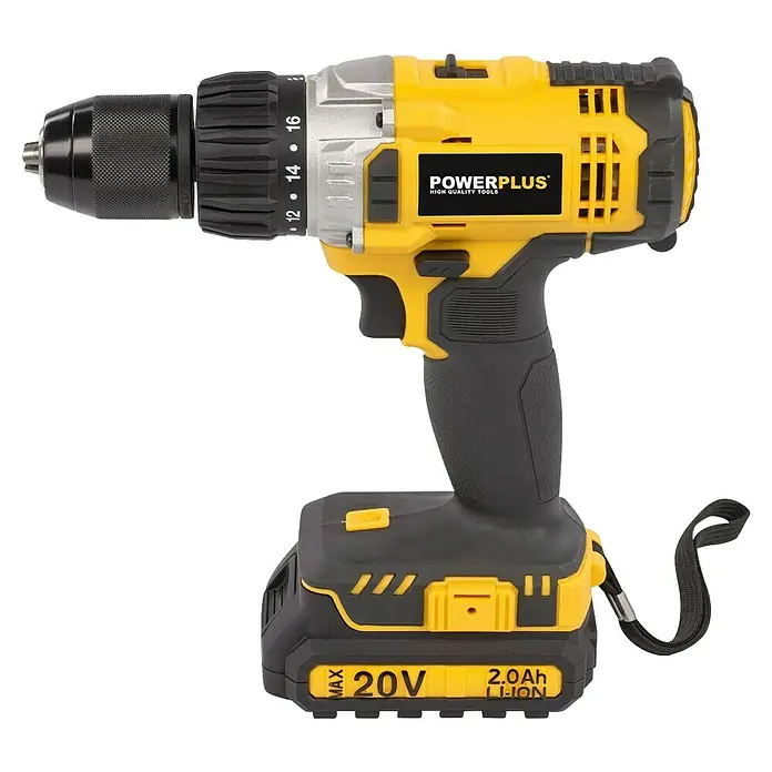 PowerPlus Taladro atornillador percutor de batería - 20 V, 1 batería, 2 Ah, 60 Nm - Taladro inalámbrico Powerplus, amarillo y negro, con batería de 20V para uso versátil en el hogar y el taller.