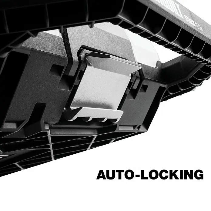 ToughBuilt StackTech Kleinteilmagazin - L x B x H: 9,4 x 26 x 4,7 cm, Kunststoff, Anzahl Fächer: 12 Stk. - Nahaufnahme eines schwarzen Werkzeugkastens mit automatischem Verriegelungsmechanismus für sicheren Transport.