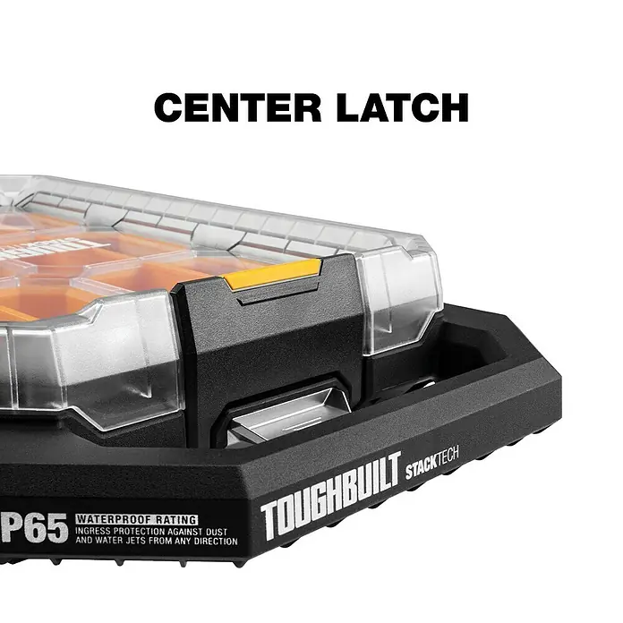 ToughBuilt StackTech Kleinteilmagazin - L x B x H: 9,4 x 26 x 4,7 cm, Kunststoff, Anzahl Fächer: 12 Stk. - Nahaufnahme des ToughBuilt StackTech Organizer-Systems, das robuste Design und die wasserdichte IP65-Zertifizierung hervorhebt.