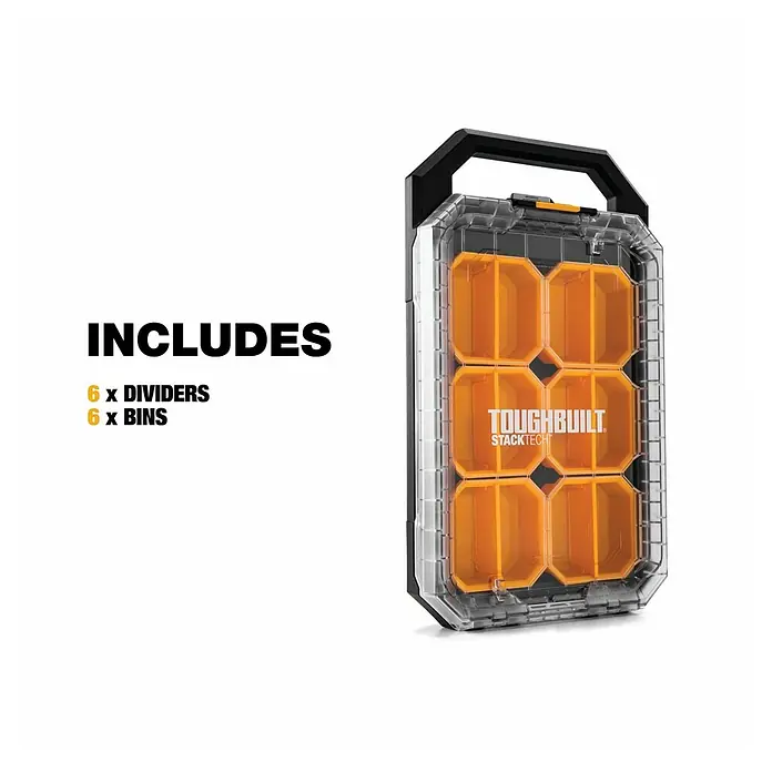 ToughBuilt StackTech Kleinteilmagazin - L x B x H: 9,4 x 26 x 4,7 cm, Kunststoff, Anzahl Fächer: 12 Stk. - Abbildung eines ToughBuilt STACKTECH Organizer mit 6 Fächern und Tragegriff, ideal zur Aufbewahrung von Werkzeugen und Zubehör.