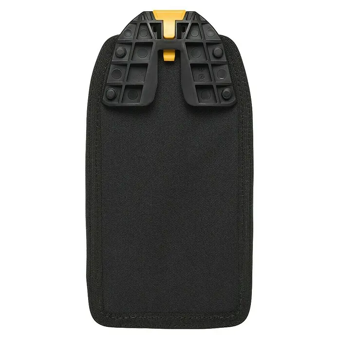 ToughBuilt ClipTech Bolsa para herramientas TB-CT-22 - L x An x Al: 168 x 83 x 320 mm, Número de bolsillos: 11 ud. - Primer plano de una bolsa de herramientas negra con detalles de plástico amarillo y negro, mostrando una construcción robusta.