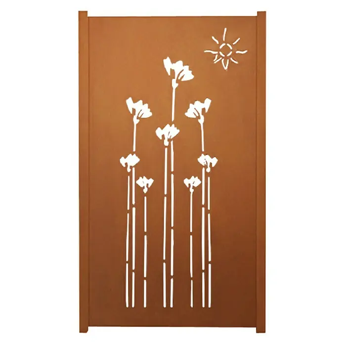 Jabo-Design Sichtschutzelement Set - Dekor Mohn, Edelrost, Stahl - Dekorative Metallwand mit Blumendesign und Sonnenausschnitt für den Innen- und Außenbereich.