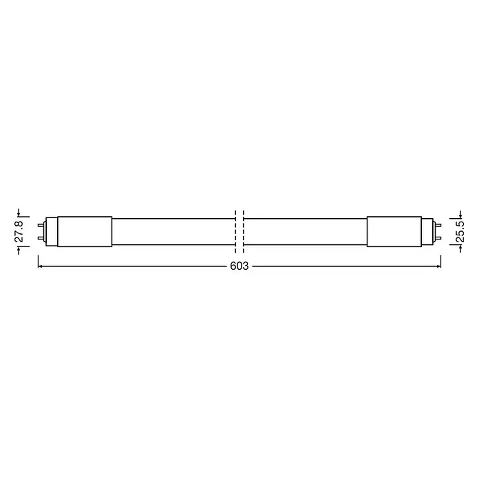 Osram LED-Röhre T8 - Länge: 60,3 cm, Tageslichtweiß, 8 W, 900 lm, G13 - Darstellung einer Leuchtstoffröhre mit Maßangaben. Die Gesamtlänge beträgt 603 mm, die Enden sind 27,8 mm und 25,5 mm hoch.