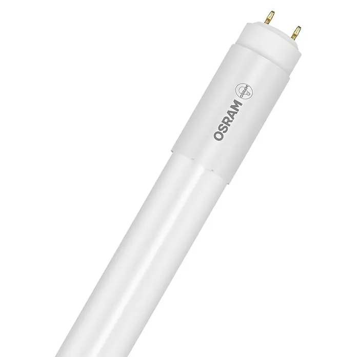 Osram LED Leuchtstoffröhre T8Länge: 60,3 cm, Tageslichtweiß, 8 W, 900 lm, G13 - Nahaufnahme einer weißen Osram LED-Röhre vor schwarzem Hintergrund, die eine effiziente Beleuchtungslösung bietet.