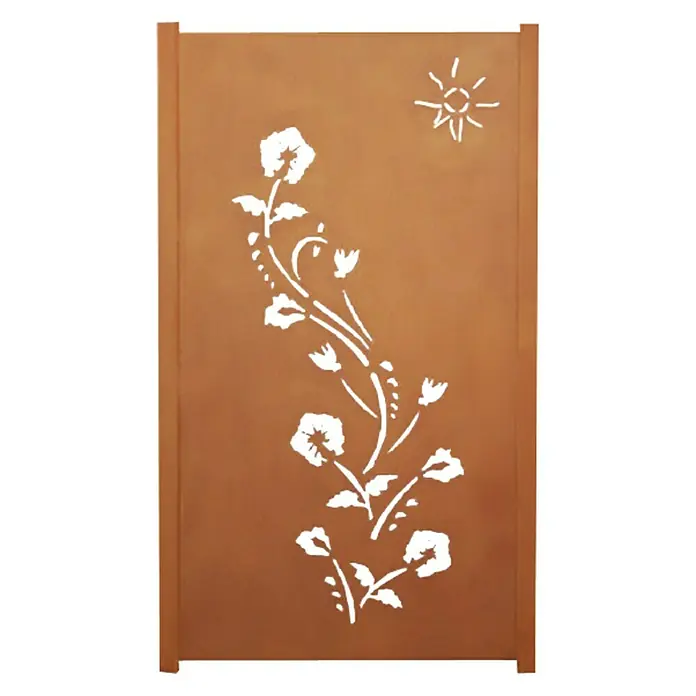 Jabo-Design Sichtschutzelement Set - Dekor Lilie, Edelrost, Stahl - Elegantes Rostfarbenes Sichtschutz-Paneel mit einem filigranen, ausgeschnittenen Blumenmuster und einem Sonnenmotiv für den Außenbereich.