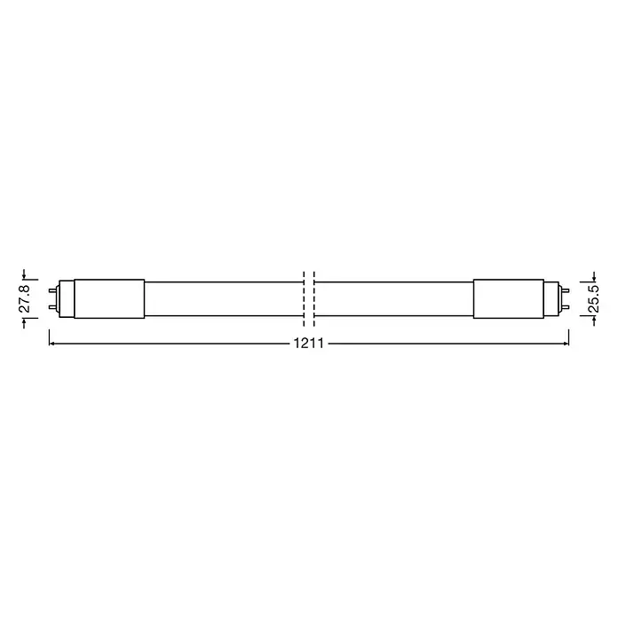 Osram LED-Röhre T8 - Länge: 121,1 cm, Tageslichtweiß, 18 W, 2.000 lm, G13 - Technische Zeichnung einer Leuchtstoffröhre mit Maßangaben von 27,8 und 25,5 mm sowie einer Gesamtlänge von 1211 mm.