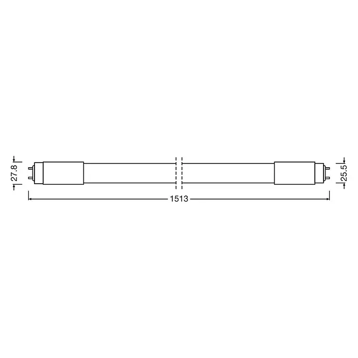 Osram LED-Röhre T8 - Länge: 151,3 cm, Warmweiß, 24 W, 2.550 lm, G13 - Abbildung einer Leuchtstoffröhre mit den Maßen 1513 mm Länge und 27,8 mm bzw. 25,5 mm Durchmesser.