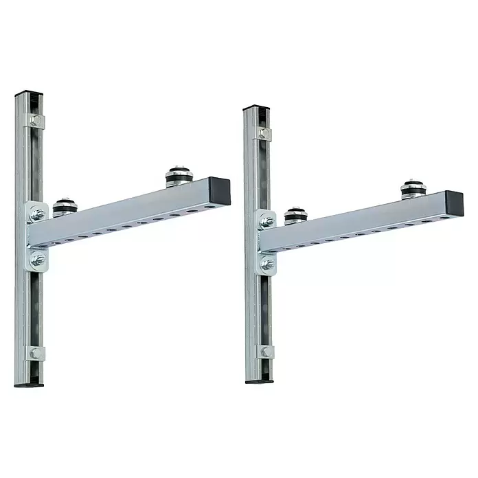UBB Wandhalterung - Länge: 480 mm, Stahl - Zwei silberne Metall-Regalhalterungen mit schwarzen Endkappen, vertikalen Schienen und horizontalen Armen mit Montagelöchern.