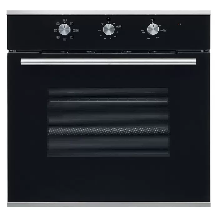 PKM Einbaubackofen EBO6-60AF - Anzahl Beheizungsarten: 7 Stk., Schwarz - Schwarzer Einbaubackofen mit Edelstahlgriff und Bedienknöpfen für Temperatur und Gareinstellungen.