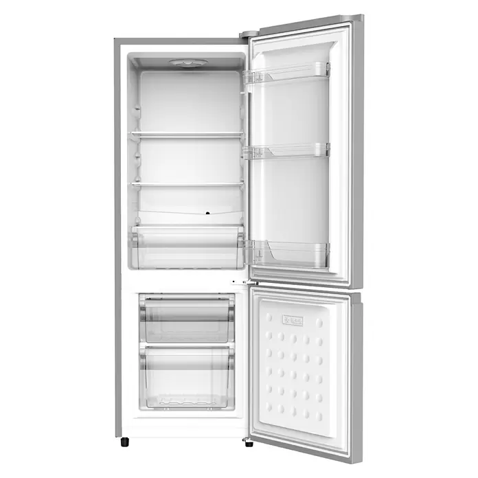 PKM Kühl-Gefrierkombination KG173CIX - Nutzinhalt Gesamt: 123 l, 52 x 50 x 145 cm, Inox - Geöffneter Kühl- und Gefrierschrank, weißer Innenraum mit transparenten Ablagen und Schubladen.