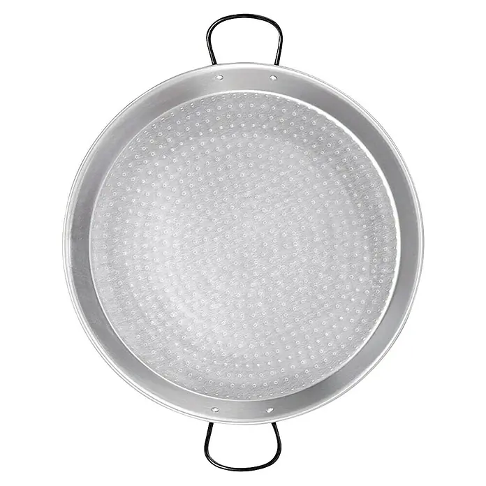 Plancha pulida - L x An: 30 x 30 cm, Diámetro: 30 cm - Imagen de una paellera de metal pulido con dos asas. La paellera presenta una superficie perforada y un diseño limpio y moderno.