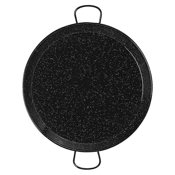 Plancha vitrificada - L x An: 30 x 30 cm, Diámetro: 30 cm, Chapa niquelado brillante - Una paellera negra vacía con un patrón moteado y dos asas sobre un fondo negro.