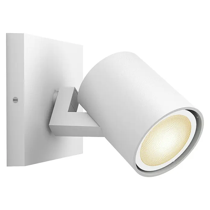 Philips Hue LED-Deckenstrahler White Ambience Runner Erweiterung - 4,2 W, L x B x H: 9 x 11 x 10,7 cm, Weiß, Mehrfarbig - Nahaufnahme einer weißen, modernen Wandleuchte mit verstellbarem Spot und quadratischer Basis.