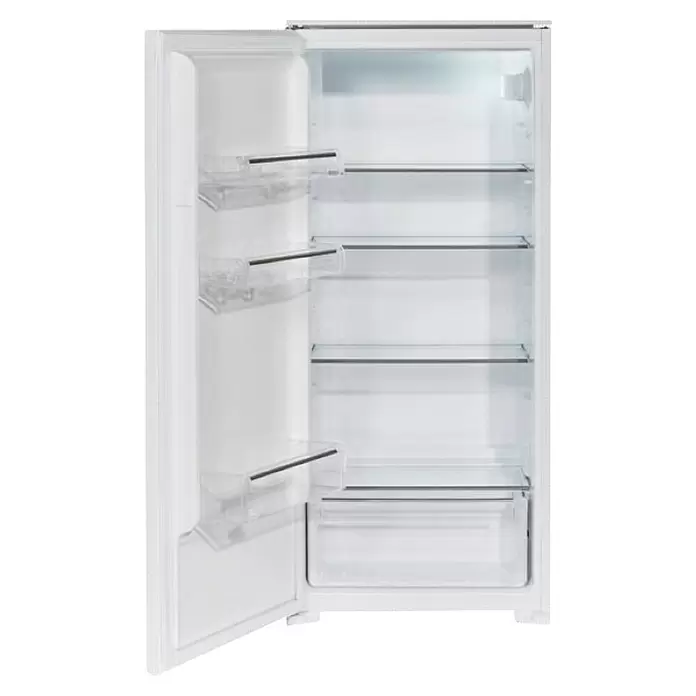 Wolkenstein Vollraumkühlschrank WKS225.0EEB - Nutzinhalt Gesamt: 199 l, 54 x 54 x 122 cm, Weiß - Offener weißer Kühlschrank mit klaren Glasablagen und Türfächern.