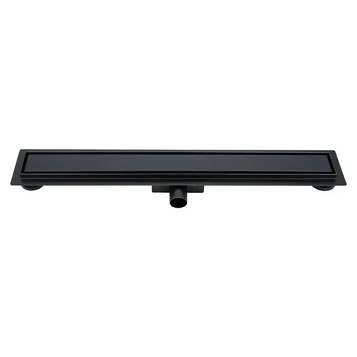 Duschrinne Lech - 80 cm, Edelstahl, Schwarz - Schwarze Duschrinne mit verstellbaren Füßen und einem zentralen Abfluss für eine elegante und funktionale Badezimmergestaltung.