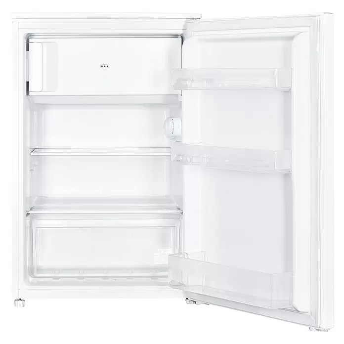 PKM Kühl-Gefrierkombination KS109-DM - Nutzinhalt Gesamt: 109 l, 58 x 55 x 85 cm, Weiß - Offener weißer Minikühlschrank mit transparenten Ablagen und Gefrierfach, betriebsbereit.