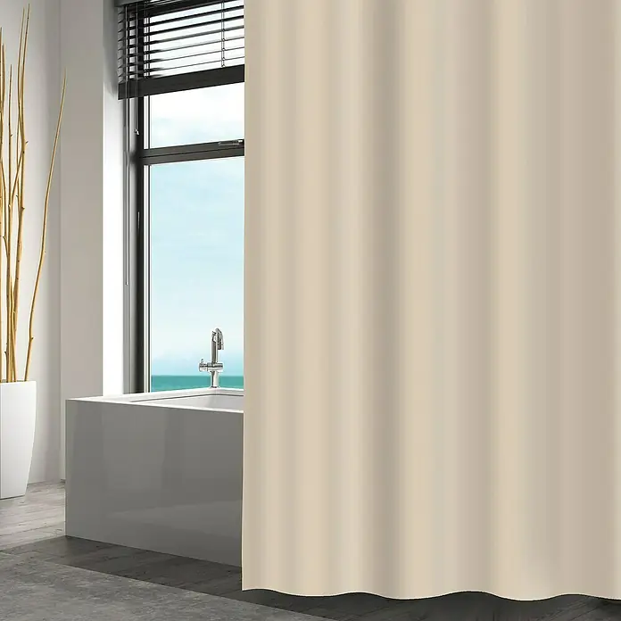 Spirella Cortina de baño - An x Al: 180 x 180 cm, Plástico, Beige - Cortina de ducha beige en baño con bañera y vista al mar, que proporciona privacidad y un ambiente tranquilo.