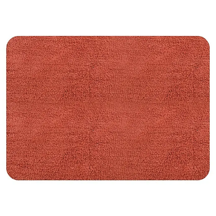 Spirella Alfombra de baño Campus - 70 x 50 cm, Materiales naturales, Terracota - Primer plano de una alfombra de baño rectangular color terracota con esquinas redondeadas y una textura suave y esponjosa.