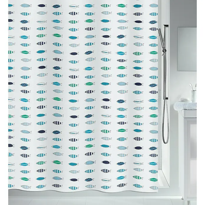Spirella Cortina de baño Santorini - An x Al: 180 x 180 cm, Plástico, Azul/Blanco - Una cortina de ducha elegante con un divertido estampado de peces en tonos azules y verdes, que añade un toque fresco a cualquier baño.