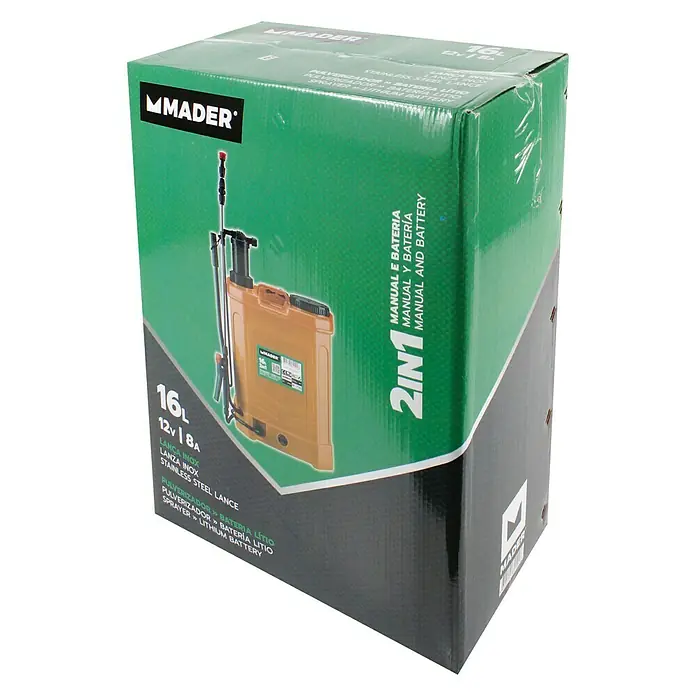 Sulfatadora a batería - 16 l, Presión de funcionamiento: 4 bar - Una caja verde con "2en1 Manual y Batería" para un pulverizador de batería de litio de 16 litros.