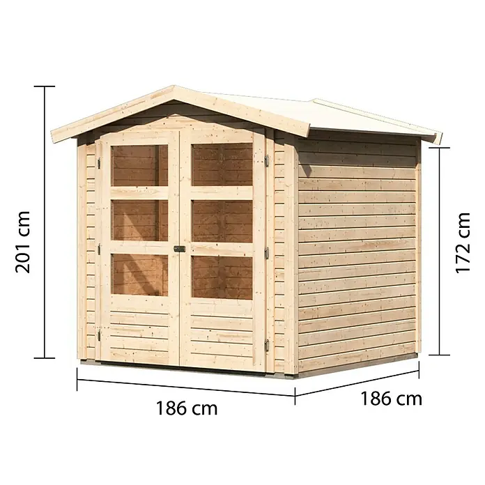 Karibu Gartenhaus Amberg - Außenmaß inkl. Dachüberstand (B x T): 213 x 197 cm, Holz, Natur - Abbildung eines Gartenhauses aus Holz mit den Maßen 186 x 186 x 201 cm.